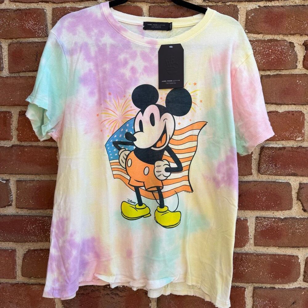 Junk Food Clothing T-shirt Mickey American Flag Graphic Tie Dye Distressed L NEW